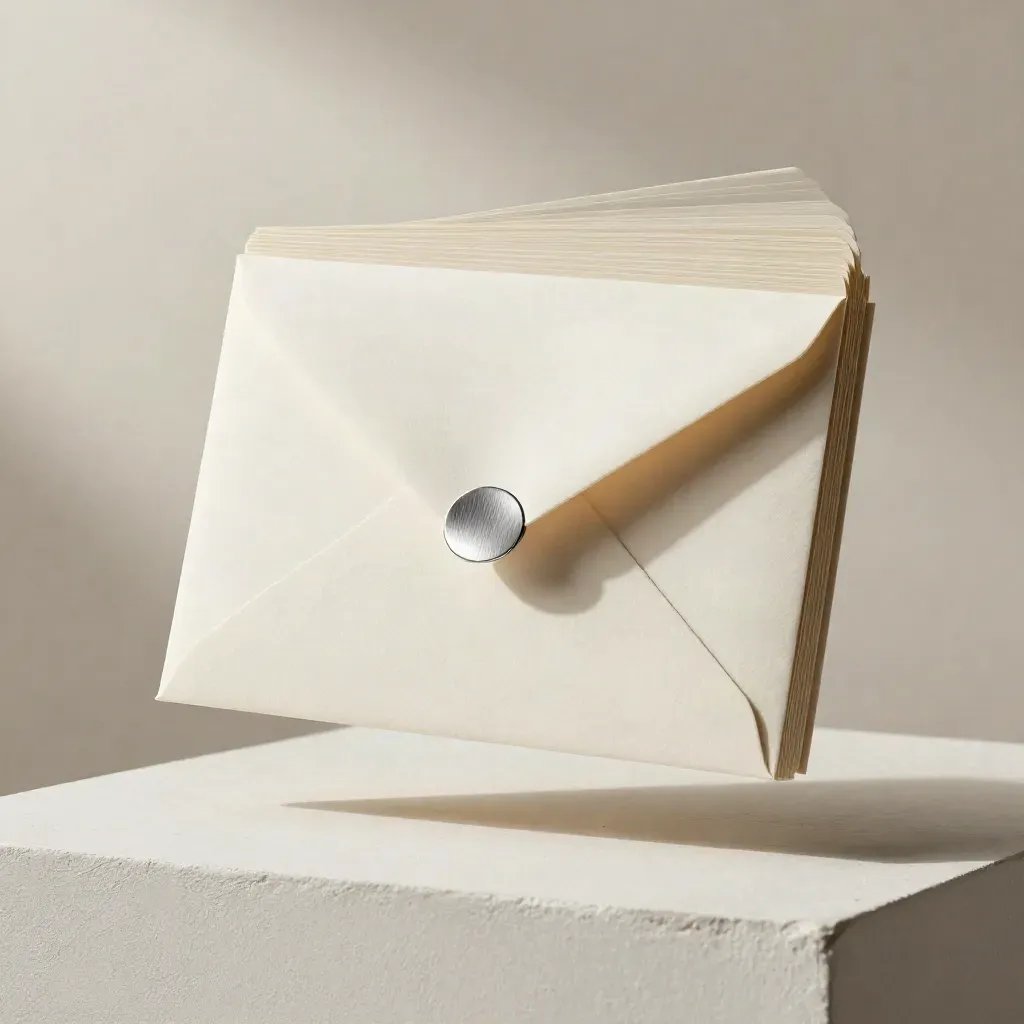 Slim briefdeck met zilveren tabs en envelophoes op een licht pleisterblok.
