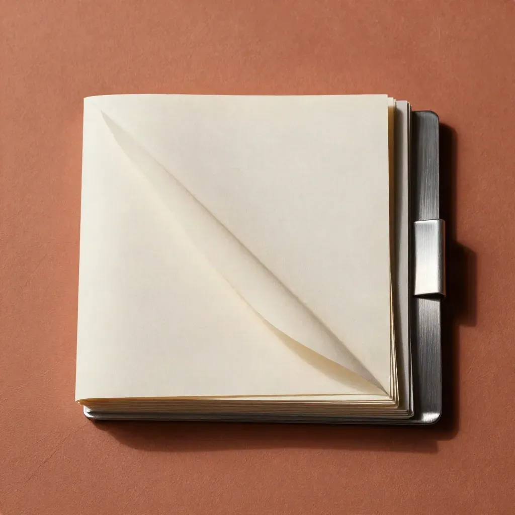 Bovenaanzicht van een stapel grafiekbladen in sleeve met metalen tab op terracotta plaat.