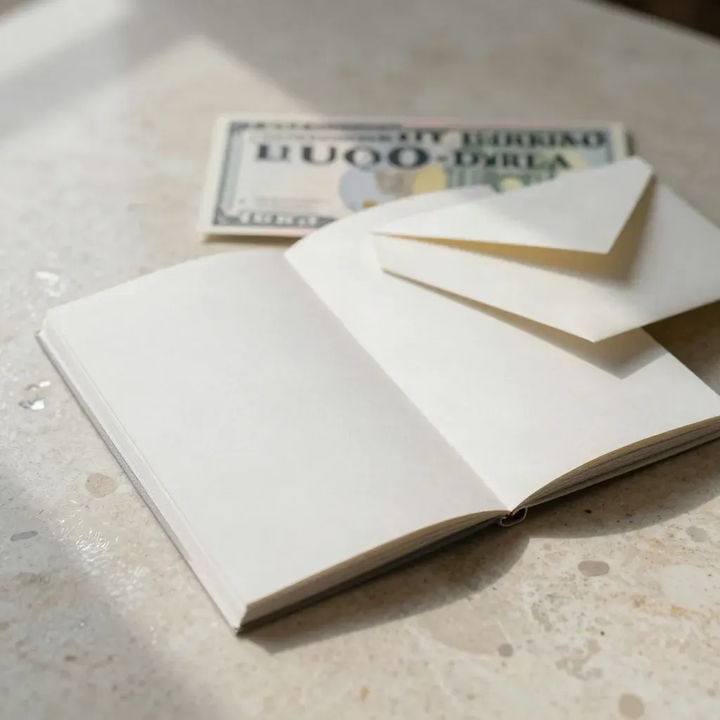 Euro-dollar weekboekje met leaflet en envelop op travertin, zacht verlicht.